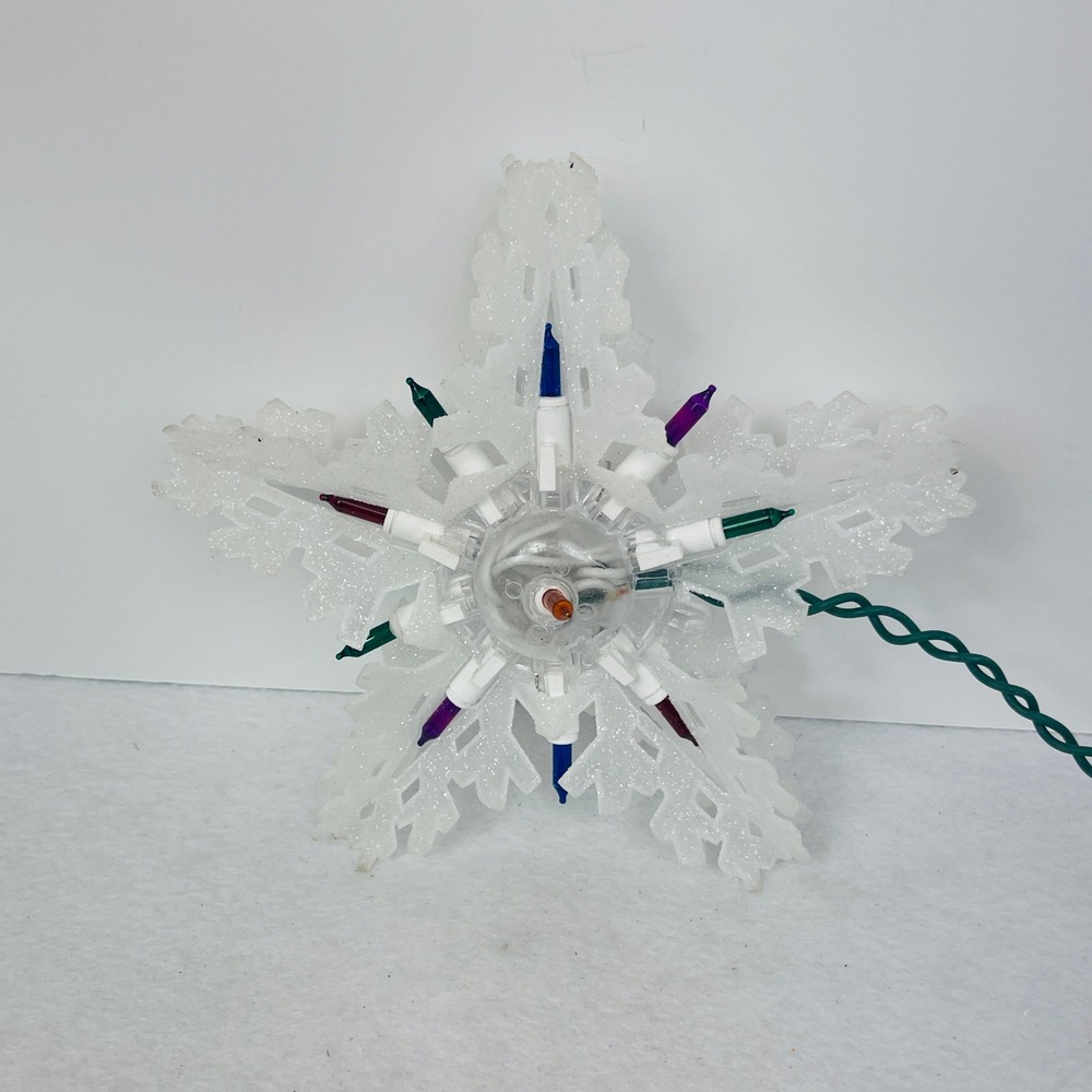 Glittery White Snowflake Christmas Tree Topper Multi-Color Lights 8.5 Inch Star